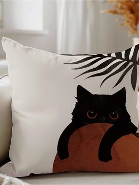 Playful Black Cat Accent Pillow Case in White and Black. NWT.